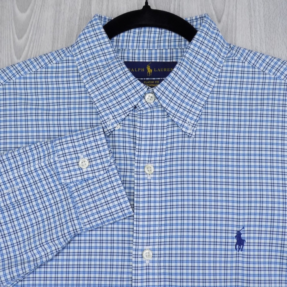 Ralph Lauren Classic Fit Performance Shirt Mens M Blue Check Button-down EUC